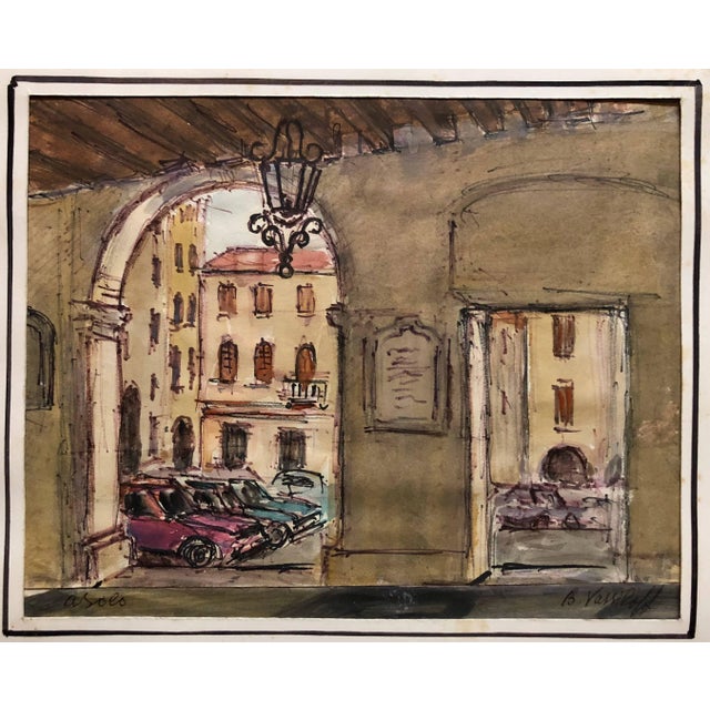 Boris Vassiloff, European Architectural Colonnaded Arcade Watercolor Painting For Sale