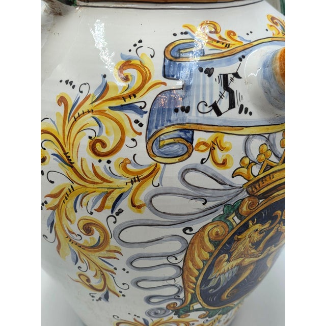 Amazing Rare Antique XL Mid 19th C Italian Majolica Olive Oil Jar Heraldic Lions Hand Painted For Sale - Image 4 of 18
