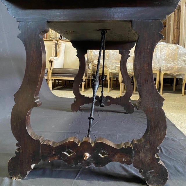 Antique Italian Ebonized Dining Table or Writing Desk With Iron Stretcher For Sale - Image 4 of 10