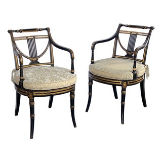 Pair English Regency Ebonized and Parcel-Gilt Armchairs With Caned Seat For Sale