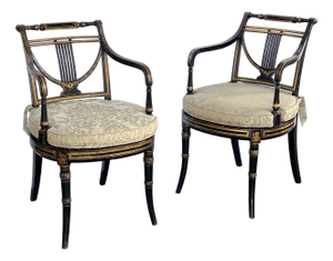 Pair English Regency Ebonized and Parcel-Gilt Armchairs With Caned Seat