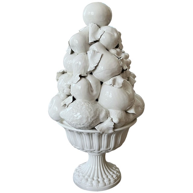 Bordallo Pinheiro Vintage Italian White Majolica Trompe-L’œil Fruit Topiary in Two-Piece Urn, 16.5" For Sale - Image 4 of 10