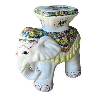 Whimsical Mid 20th-Century Highly Glazed Earthenware Elephant Garden Stool / Plant Stand For Sale
