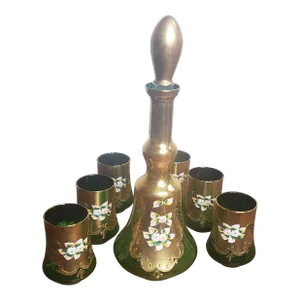 Vintage Hand-Painted Bohemian Emerald Glass Complete 8-Piece Decanter Set