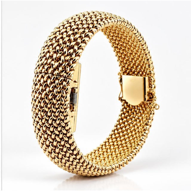 Vintage Solid 14k Yellow Gold Woven Wide Secret Watch Bracelet For Sale - Image 4 of 7