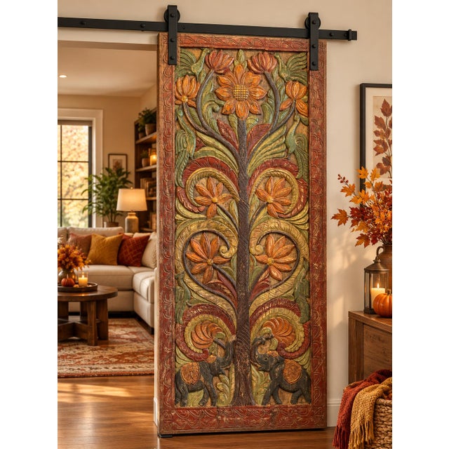 1920s Vintage Hand-Carved Tree of Life Barn Door With Elephant & Lotus Motifs 84x36 For Sale - Image 5 of 5