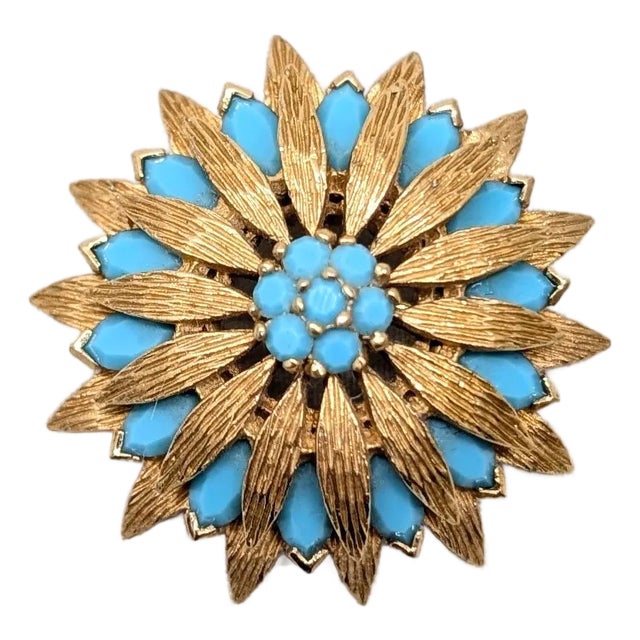 Vintage 1960s Signed Panetta Goldtone Faux-Turquoise Brooch For Sale