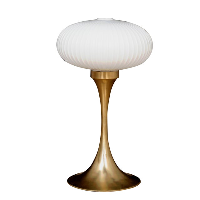 Modern 1980s Brass Tulip Base Table Lamps With Opalescent Ribbed Art Glass Shade - a Pair For Sale - Image 3 of 7