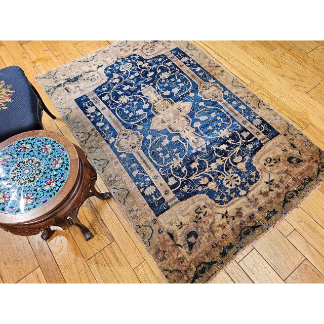 Vintage Turkish Oushak Area Rug, Wool Pile, Royal Blue & Tan, 1900s, 5' x 7' For Sale In Chicago - Image 6 of 15