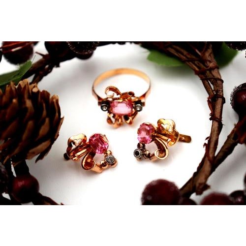 Metal Gold Earrings and Ring with Synthetic Stones, Set of 3 For Sale - Image 7 of 7