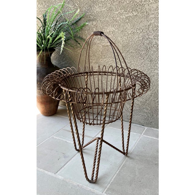 Metal Circa 1980 Nicely-Sized Victorian-Style Steel Wirework Planter Basket & Forged Steel Stand – 2 Pieces For Sale - Image 7 of 18