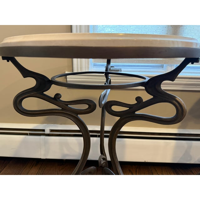 Art Nouveau Mid 20th Century Art Nouveau Cast Brass and Marble Top End Tables For Sale - Image 3 of 7