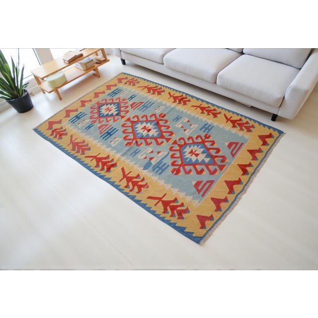Hollywood Regency Vintage Handwoven Turkish Kilim Rug – Authentic Anatolian Flat Weave Boho Farmhouse Decor – 3′8″ × 5′7″ For Sale - Image 3 of 12