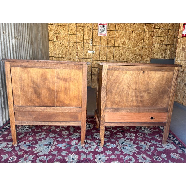 Pair of Vintage French Louis XV-Style Carved Oak Fall-Front Nightstands For Sale - Image 4 of 12