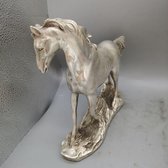 Mid 20th Century Vintage Silver-Tone Metal Horse Sculpture on Rocky Base For Sale - Image 5 of 9