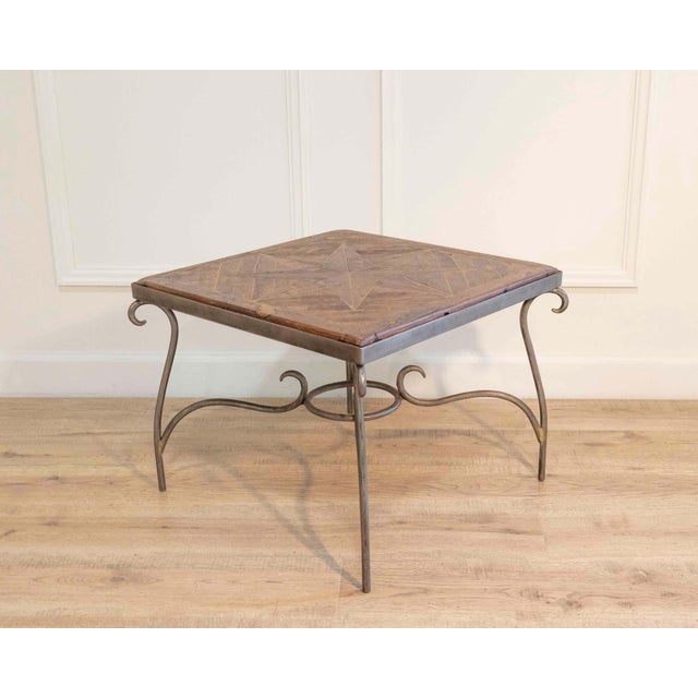 1980s French Coffee Table with Old Wind Rose Parquet Top and Wrought Iron Base For Sale - Image 4 of 7