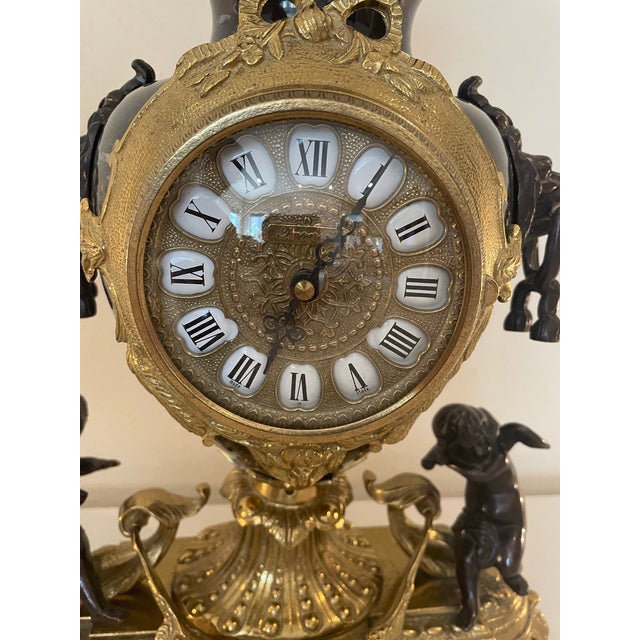French Vintage Brevettato French Style Gilt Mantle Clock With Cherubs For Sale - Image 3 of 12