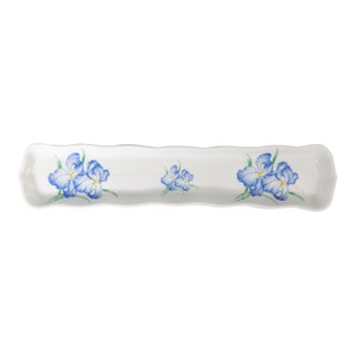 Vintage French Limoges Blue Iris Porcelain Pen Tray For Sale