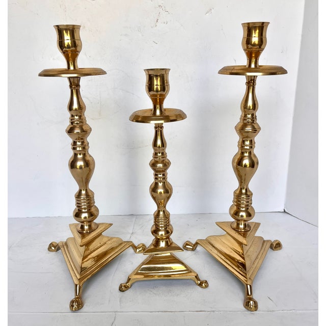 Vintage 1970s Brass Clawfoot Candle Holders - Set of 3 For Sale - Image 10 of 13