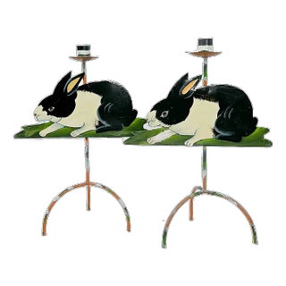 20th Century Folk Art Hand Painted Tole Rabbit Candle Holders - a Pair For Sale