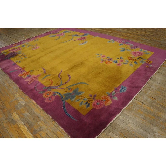 1920s Yellow Canary Floral Antique Chinese Art Deco Carpet 8' 10'' X 11' 4'' Knotted Wool Rug For Sale - Image 4 of 12