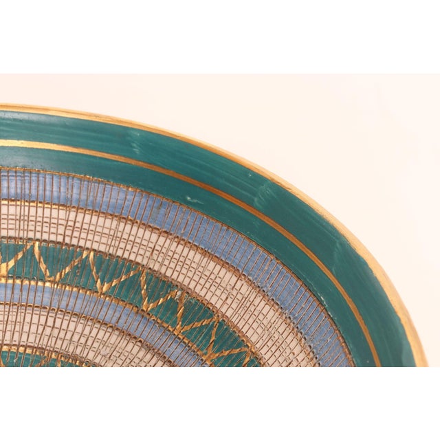Large Teal and Gilt Ceramic "Seta" Pedestal Bowl by Aldo Londi for Bitossi Italy For Sale - Image 10 of 16