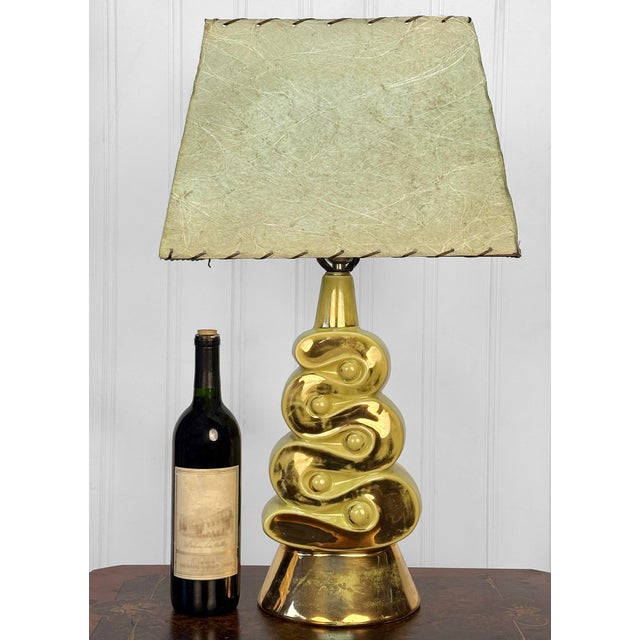 An Atomic "Ribbon Candy" Green & Gold Table Lamp, c.1950's - Design Attributed to Howard Kron - Pistachio Green Glazed...