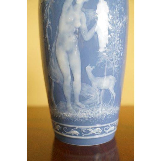 Ceramic Pair of Antique Limoges Pâte-Sur-Pâte Blue Porcelain Vases For Sale - Image 7 of 13