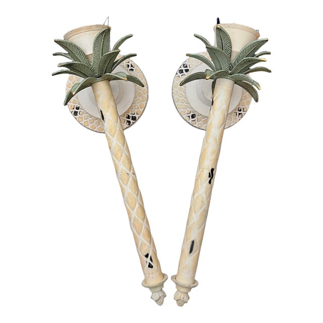Pair of Mid 20th Century Italian Hollywood Regency Cast Metal Palm Tree Toleware Candle Sconces For Sale