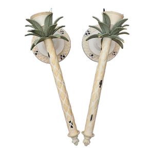 Pair of Mid 20th Century Italian Hollywood Regency Cast Metal Palm Tree Toleware Candle Sconces