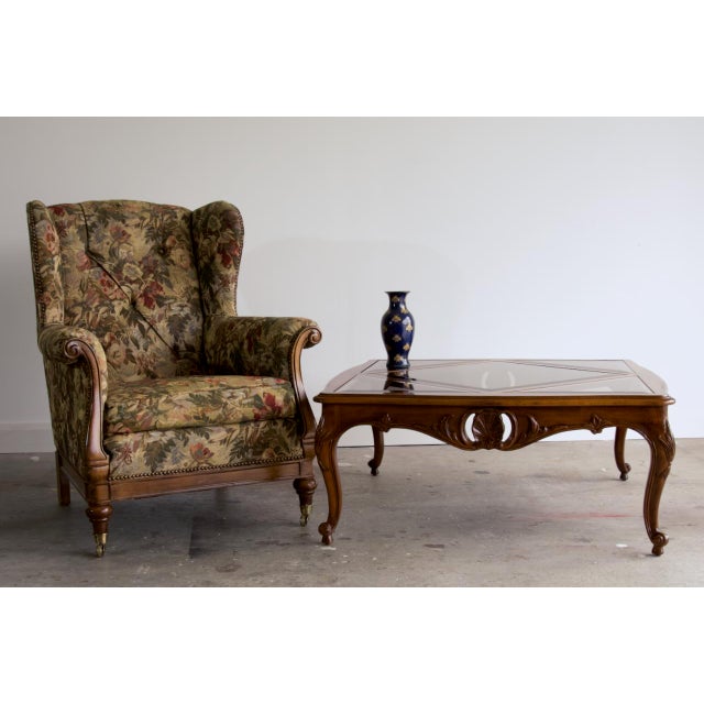 French Vintage Louis XV Style Carved Square Cocktail Table With Smoked Beveled Glass Harlequin Top, 1970's For Sale - Image 3 of 5