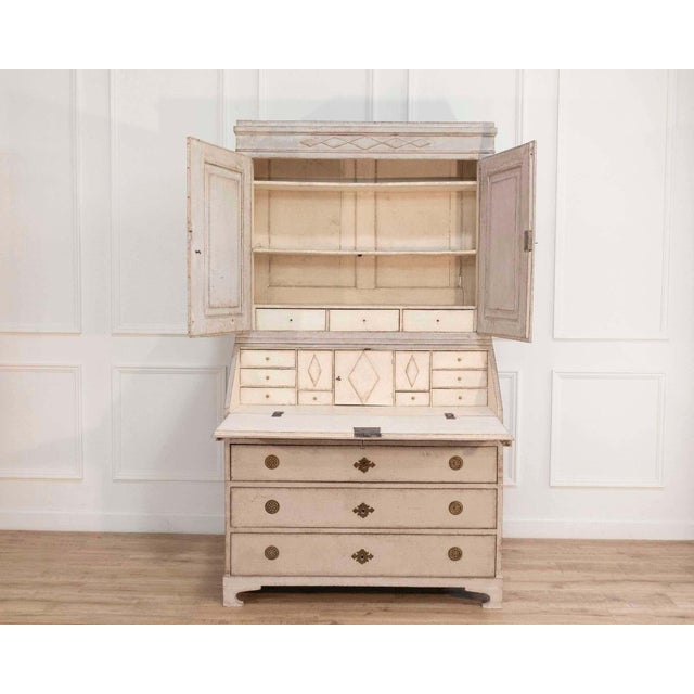 Wood 18th Century Fine Swedish three-part bureau with charming carvings and marble-painted columns For Sale - Image 7 of 11
