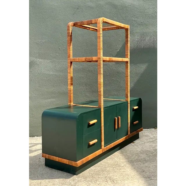 Green Vintage Wrapped Rattan Etagere and Laminate Credenza For Sale - Image 8 of 12