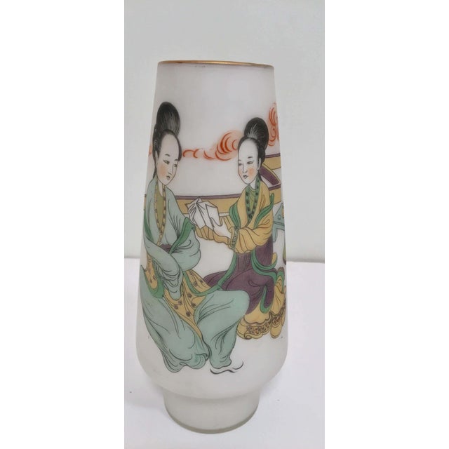 Mid 20th Century Japanese Opaline White Glass Vase Hand Painted with Geishas 1950s For Sale - Image 5 of 12