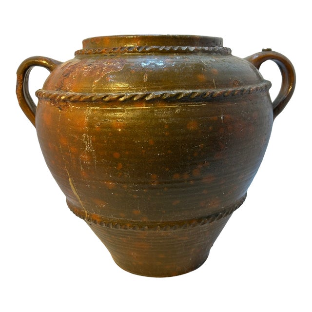 1950s Large Rustic Studio Pottery Vessel With Double Handles & Rope Banding, Mottled Brown Glaze, 16” Wide For Sale