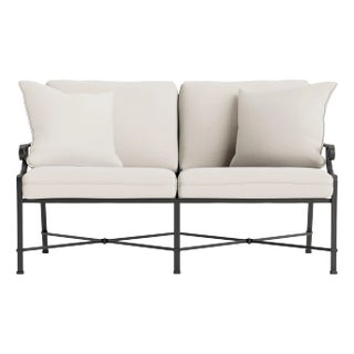 Brown Jordan Venetian Loveseat, Textured Pewter frame with Fusion Natural fabric For Sale