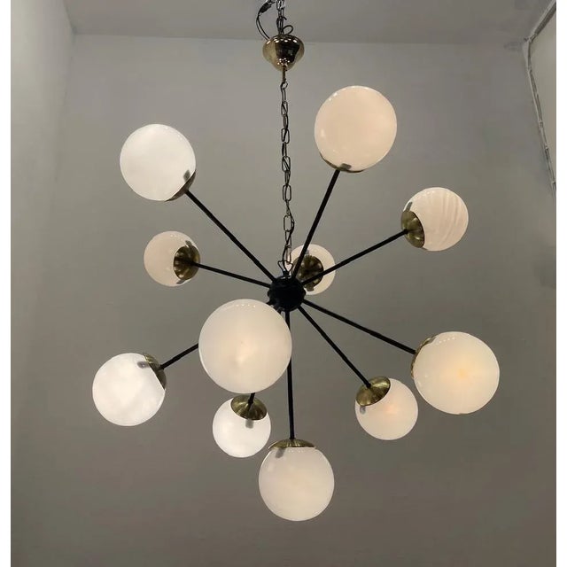 Black Large Black Metal, Brass & Opaline Glass Sputnik Chandelier, 1990s For Sale - Image 8 of 11