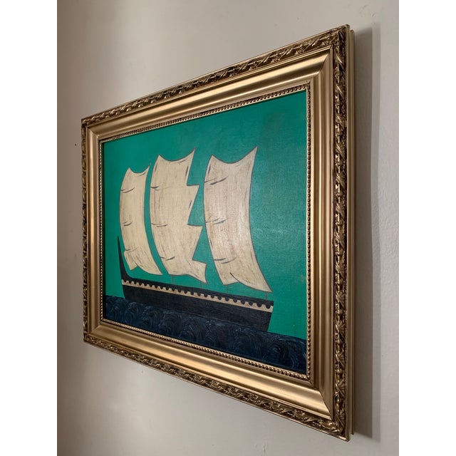 A maritime seascape featuring a vivid turquoise sky that makes a statement against choppy waters rendered in layered...