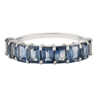Stackable 2.26Ct Square Cut Blue Sapphire Half Eternity Band Ring Size 5 in 14k White Gold For Sale