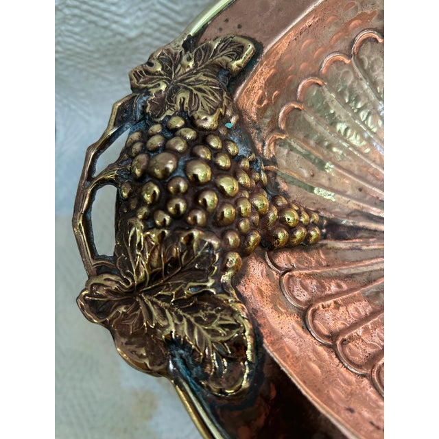Vintage Hammered Copper and Brass Oval Pedestal Bowl With Grapes Handles For Sale In New Orleans - Image 6 of 10