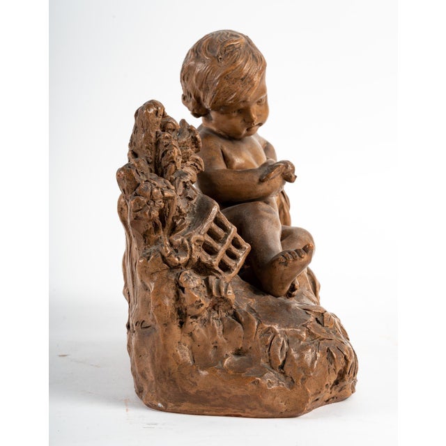 Ceramic Terracotta Figurine of Child with Bird For Sale - Image 7 of 12