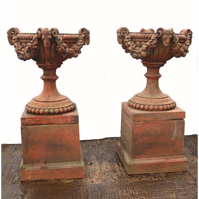 Gold English Country Terracotta Garden Urns with Rams Heads, Set of 2 For Sale - Image 8 of 13