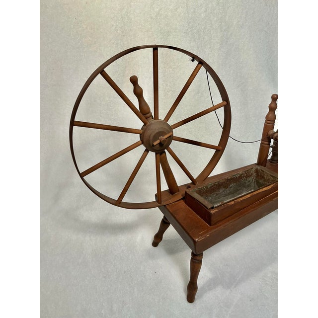 Brown Vintage Decorative Tabletop Wooden Spinning Wheel Planter For Sale - Image 8 of 12