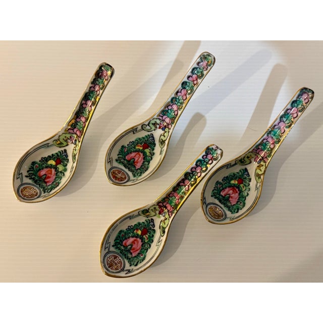 Pink Vintage Hong Kong Porcelain Chinese Soup Spoons, Pink Floral & Longevity Motif Famille Rose Style — Set of 4 For Sale - Image 8 of 10