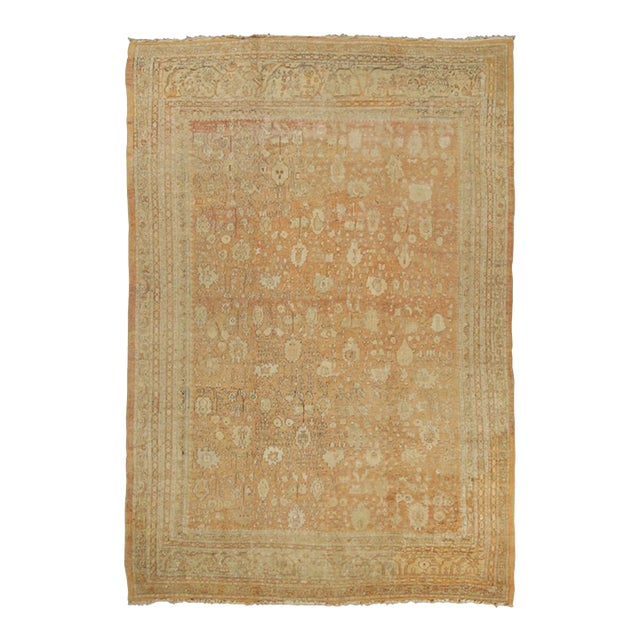 Oversized Antique Ghiordes Rug With Floral Design in Gold Tones - Rug & Kilim For Sale