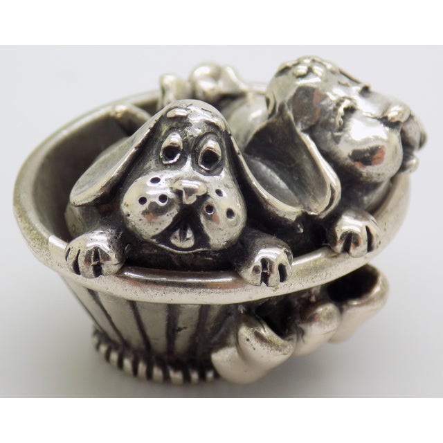 Metal Vintage Italian Handmade Genuine Silver Sleeping Puppies Basket Figurine Sacchetti Arezzo 800 Continental Silver Dog Miniature Sculpture For Sale - Image 7 of 13