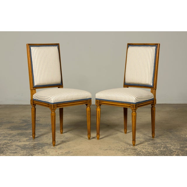 Set of Eight Late 19th Century French Louis XVI Style Dining Chairs in Blue Stripe For Sale - Image 17 of 18