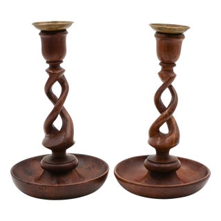 English Early Victorian Oak Barley Twist Candleholders, Set of 2 For Sale