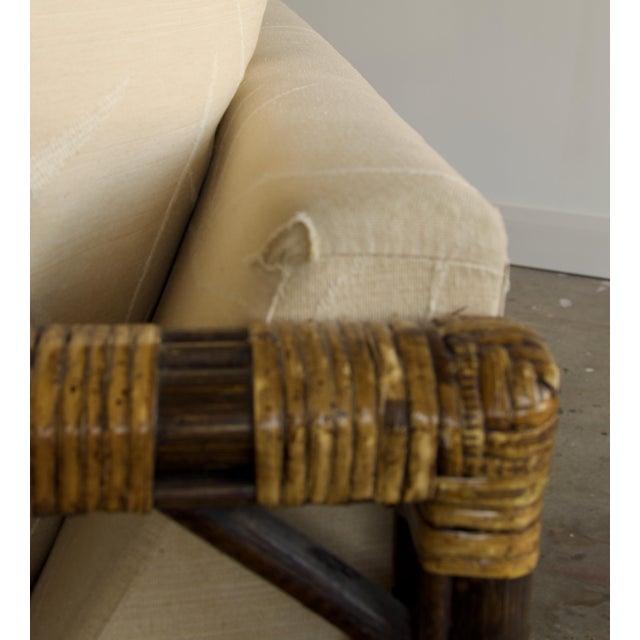Ivory Vintage Rattan Trellis Lattice Sofa in the Style of McGuire With Casters, Wrapped Joints, and Ivory Upholstery, 1970s For Sale - Image 8 of 9