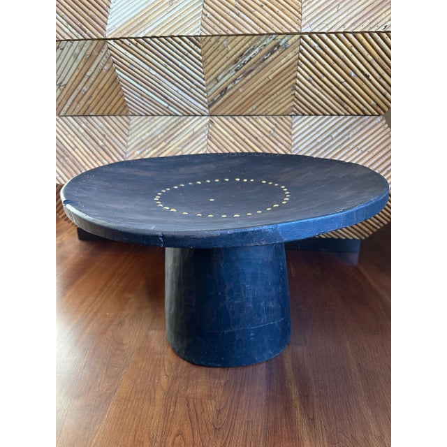 Fabulous Vintage Cerused Black Wood Low Table with Brass Accents. Handcarved and rustic, with great decorative details of...